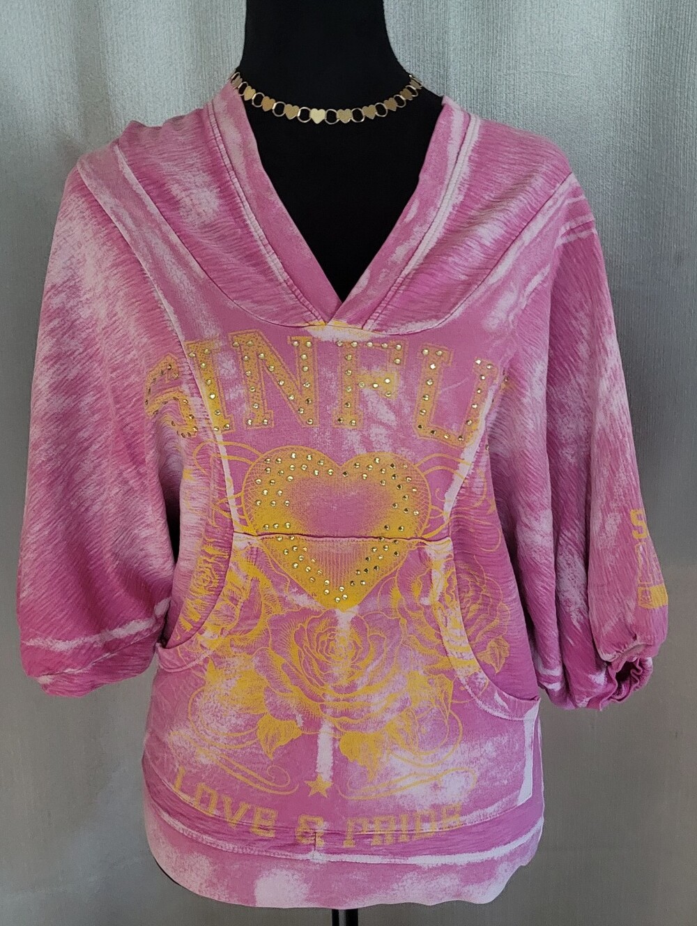 Sinful Pink Hoodie with Gold Heart and Stud Accents